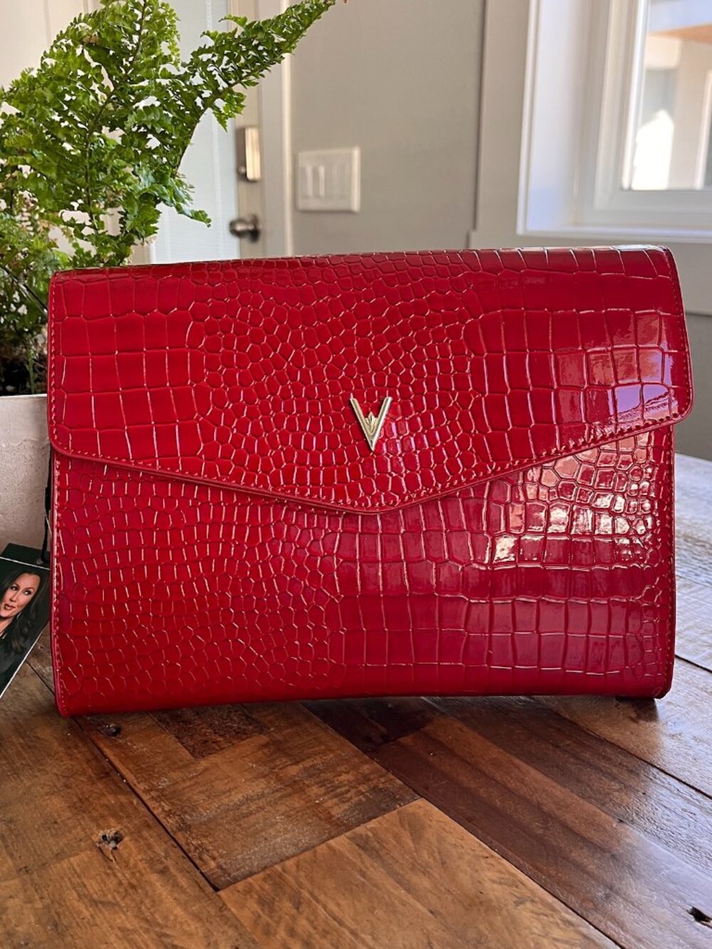 NWT Vanessa Williams Eden Clutch Faux Red Crocodile